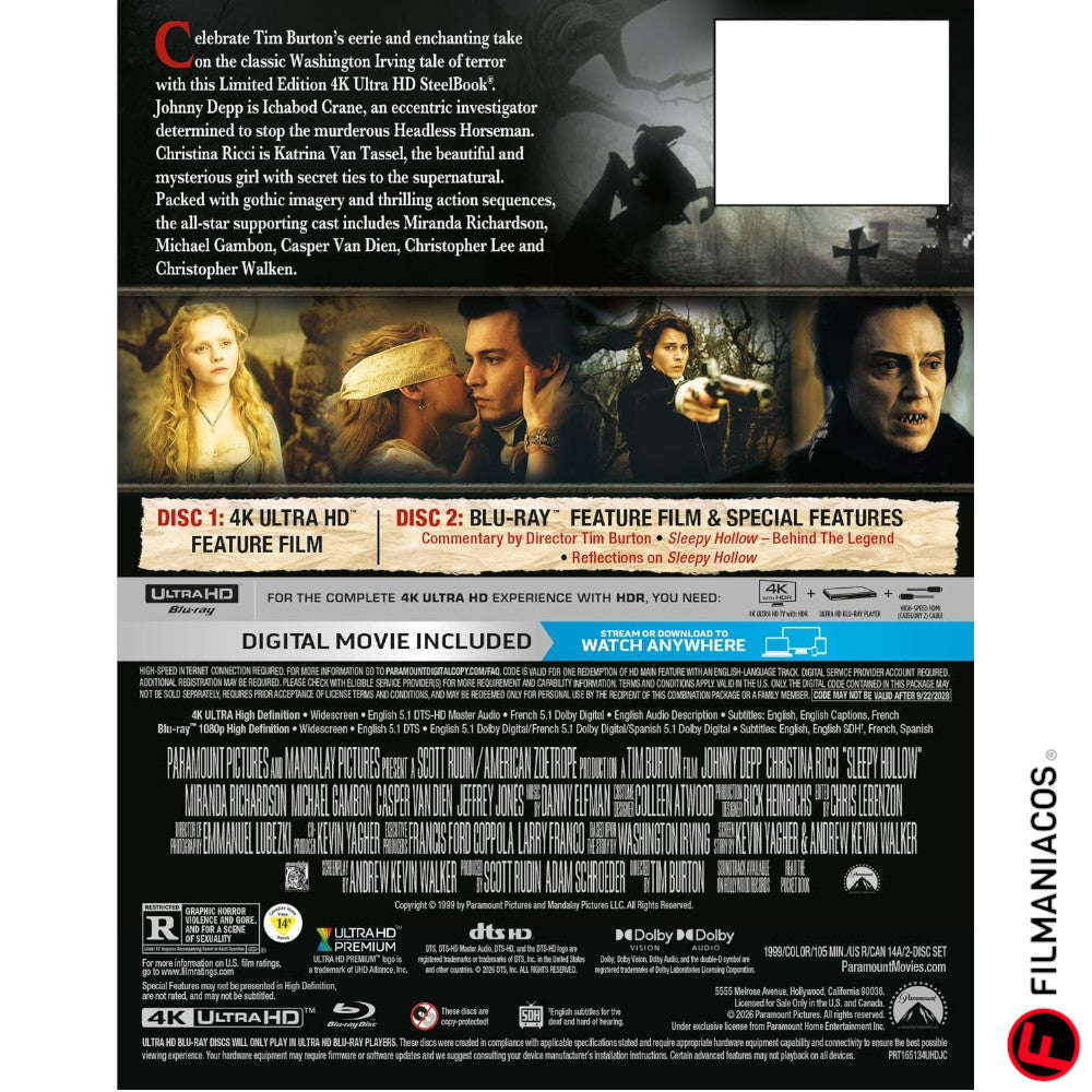 PRE-VENTA: Sleepy Hollow (1999) (Steelbook) [4K Ultra HD + Blu-ray]