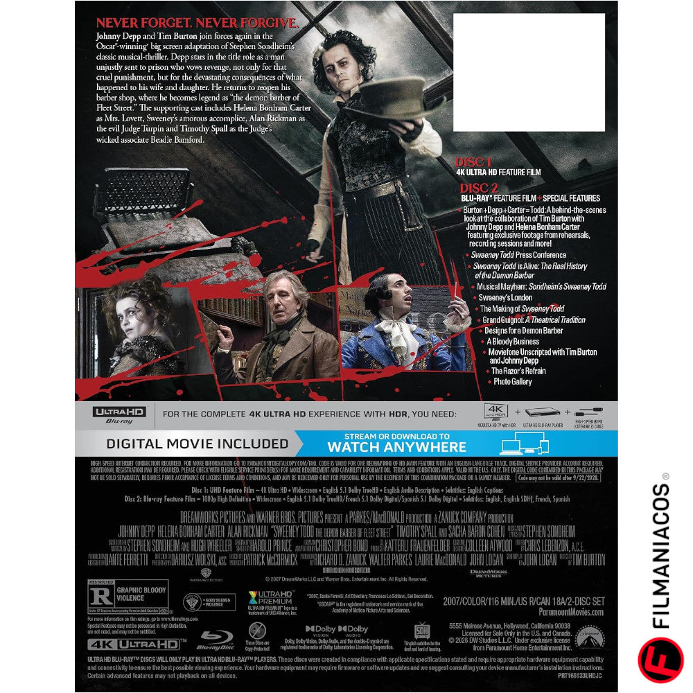 PRE-VENTA: Sweeney Todd: The Demon Barber of Fleet Street (2007) (Steelbook) [4K Ultra HD + Blu-ray]